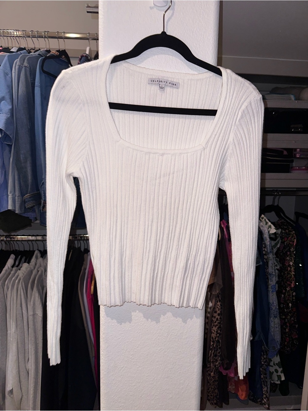 Celebrity Pink White Ribbed Square-Neck Long Sleeve Top/Sweater